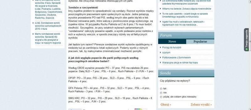 Fragment artykułu z sondażami opublikowany podczas ciszy wyborczej w serwisie internetowym „Tygodnika Ostrołęckiego”