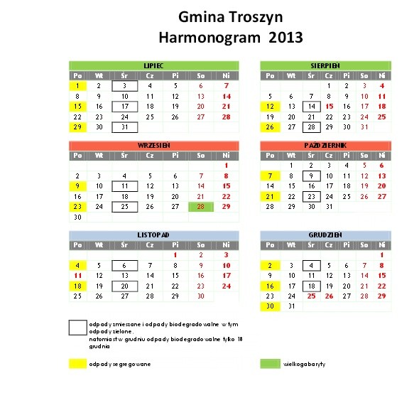 Harmonogram wywozu odpad&oacute;w z terenu gminy Troszyn