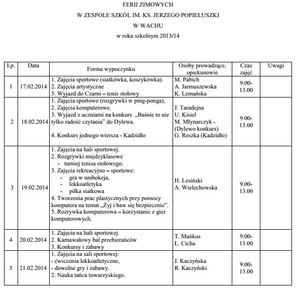 Program Zajęć w Zespole Szk&oacute;ł im. Ks. Jerzego Popiełuszki w Wachu