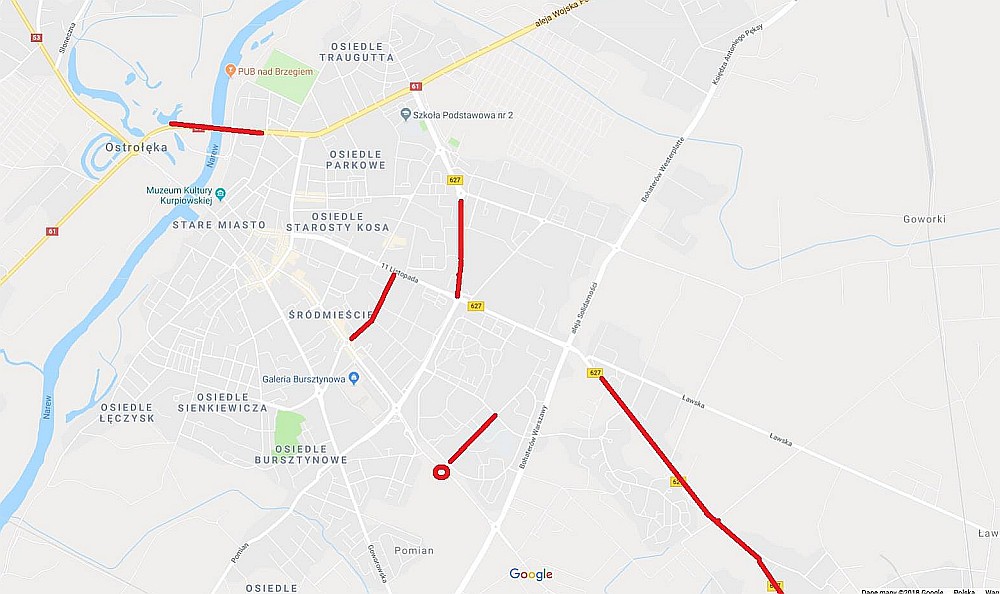 Czerwonym kolorem zaznaczyliśmy na mapie przebudowywane ulice