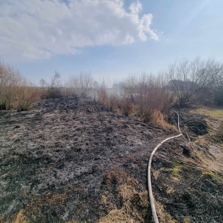 Pożar łąki w Łęgu Przedmiejskim. Spłonęły odpady, w tym opony i gąsienice koparek
