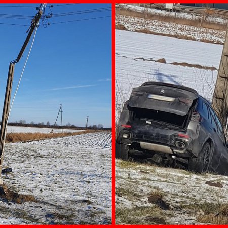 Wypadek w Damiętach. BMW wypadło z drogi, uszkodziło trakcję energetyczną [ZDJĘCIA]