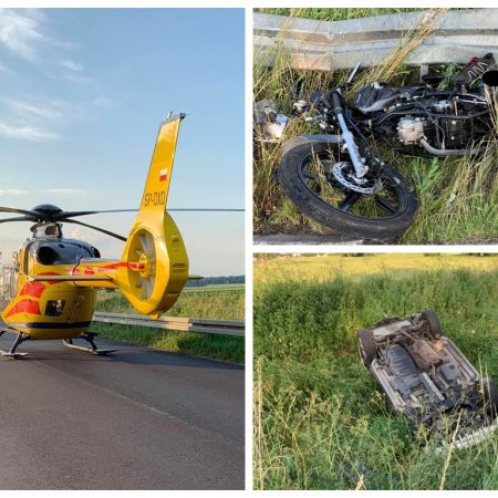 Poważny wypadek! Zderzenie motoroweru z autem. Wezwano śmigłowiec LPR