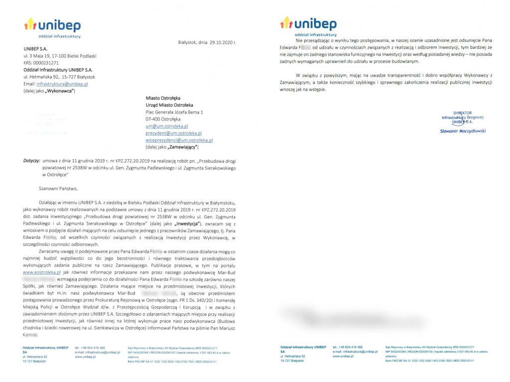 Pismo firmy Unibep do Urzędu Miasta